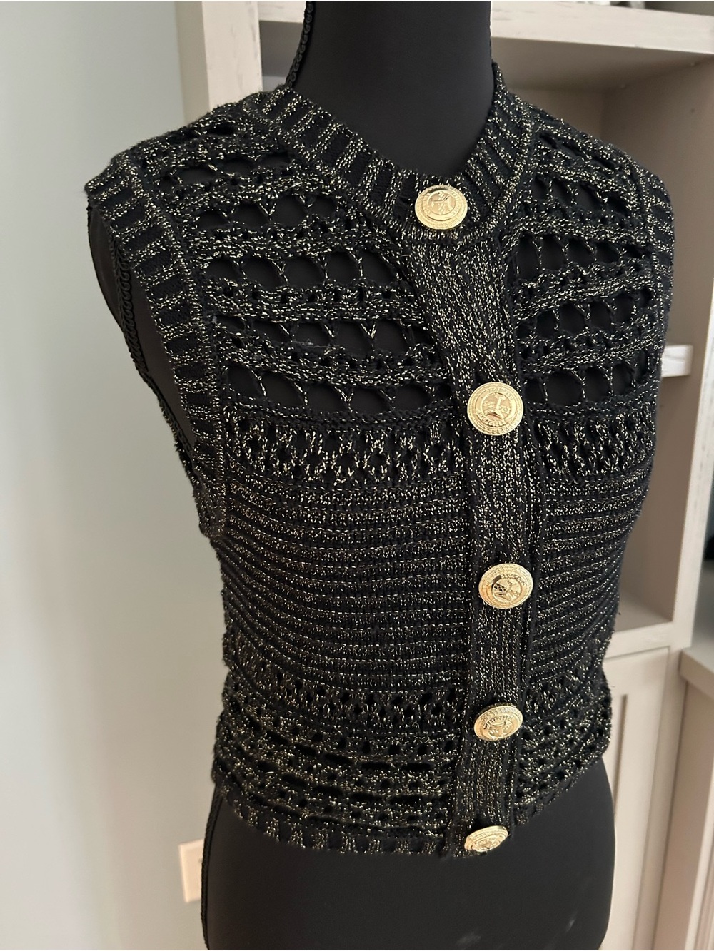 Retrofete Nico Knit Crochet Black Cropped Button Front Tank with Gold Buttons - Picture 3 of 6